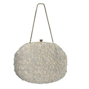 Vintage Beaded Sequin Purse Hand Made in Hong Kong Cream Gold Chain Oval Bag